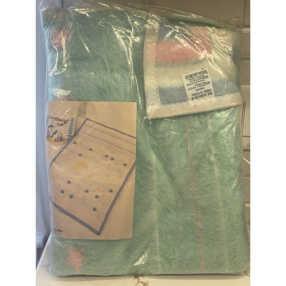 Vintage Baby Blanket Fuzzy Aqua Blue Moon Stars New 1970s 1980s New Old Stock